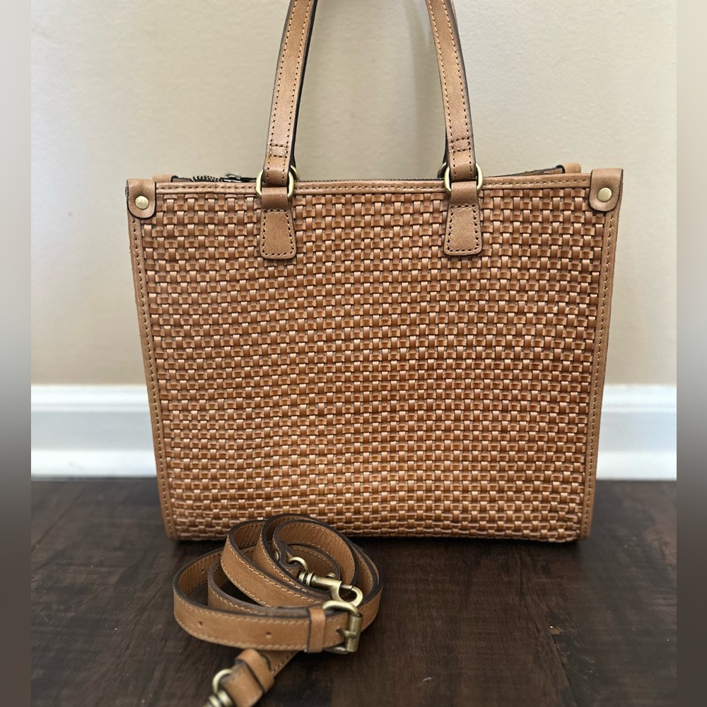 Patricia Nash Ava Crossbody Sand Brown Woven Medium Tote Leather Removable Strap